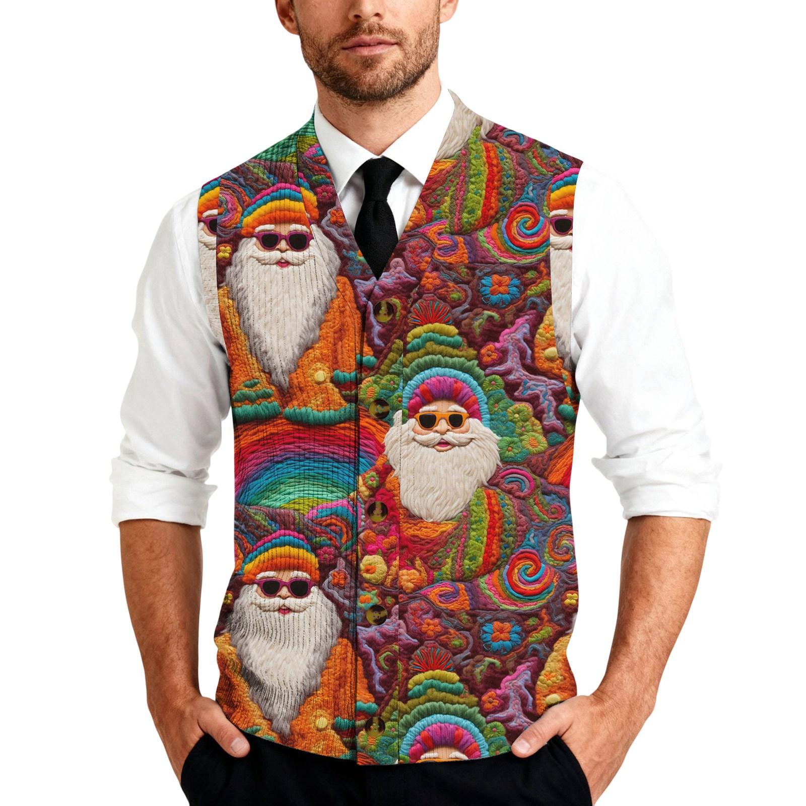 

Men Sleeveless Knit Button Down Shirt Vest Christmas Themed Printed Sweater Vest Holiday Casual Knitwear XXL