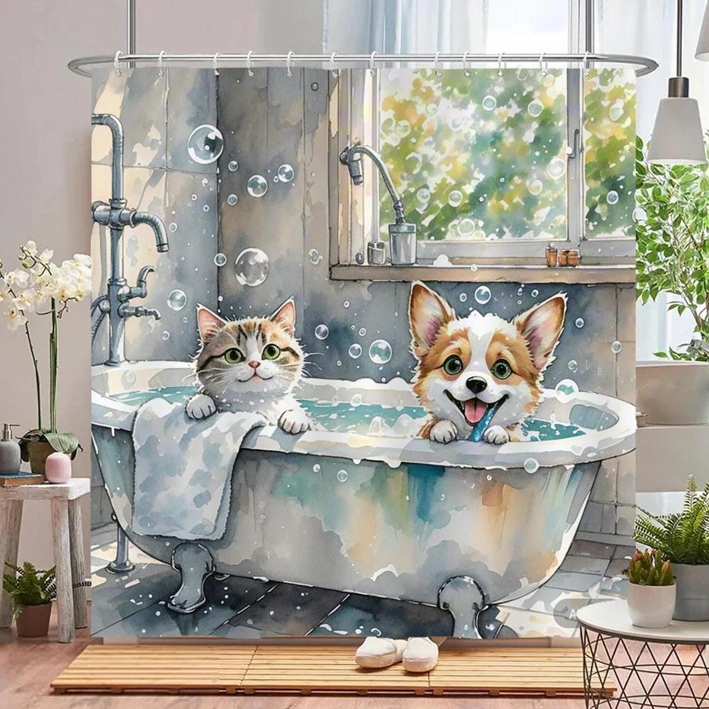 Funny Bathing Cat and Dog Shower Curtain Waterproof Bathroom Curtain Creative and Interesting Partition Bath Curtain with Hooks