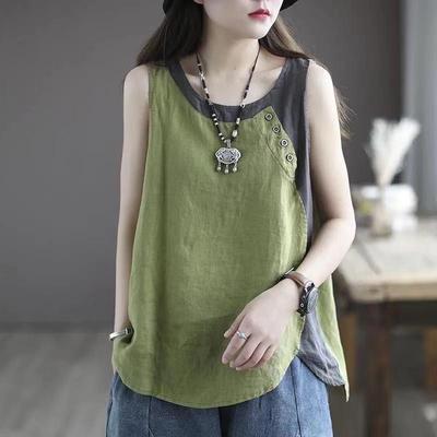 Gilet en coton et lin à blocs de couleurs rétro pour femmes avec détails boutonnés