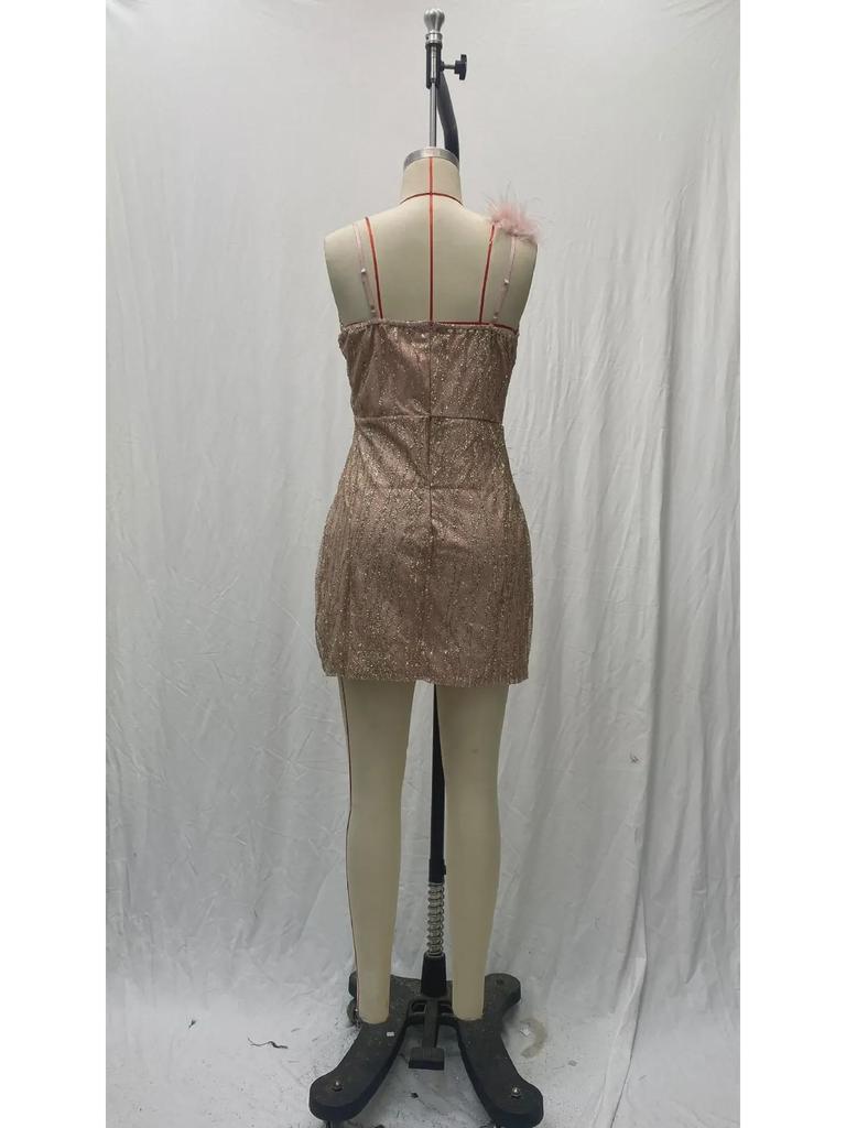 2025 European & American Women's Feather Suspender Dress - Deep V Neck, Sexy Nightclub Party Style