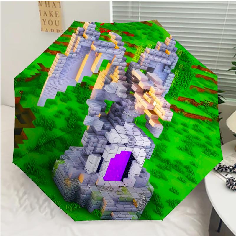 Minecraft5 Print Automatic Umbrella, 8 Rib Iron Frame, Plastic Handle, Suitable for Outdoor Travel &Daily , Ideal Gift