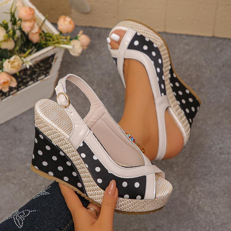 Women's Summer Wedge Platform Peep-Toe Sandals With Woven Rope-Sole Detail And Ankle Strap, Thick-Soled Casual Footwear.