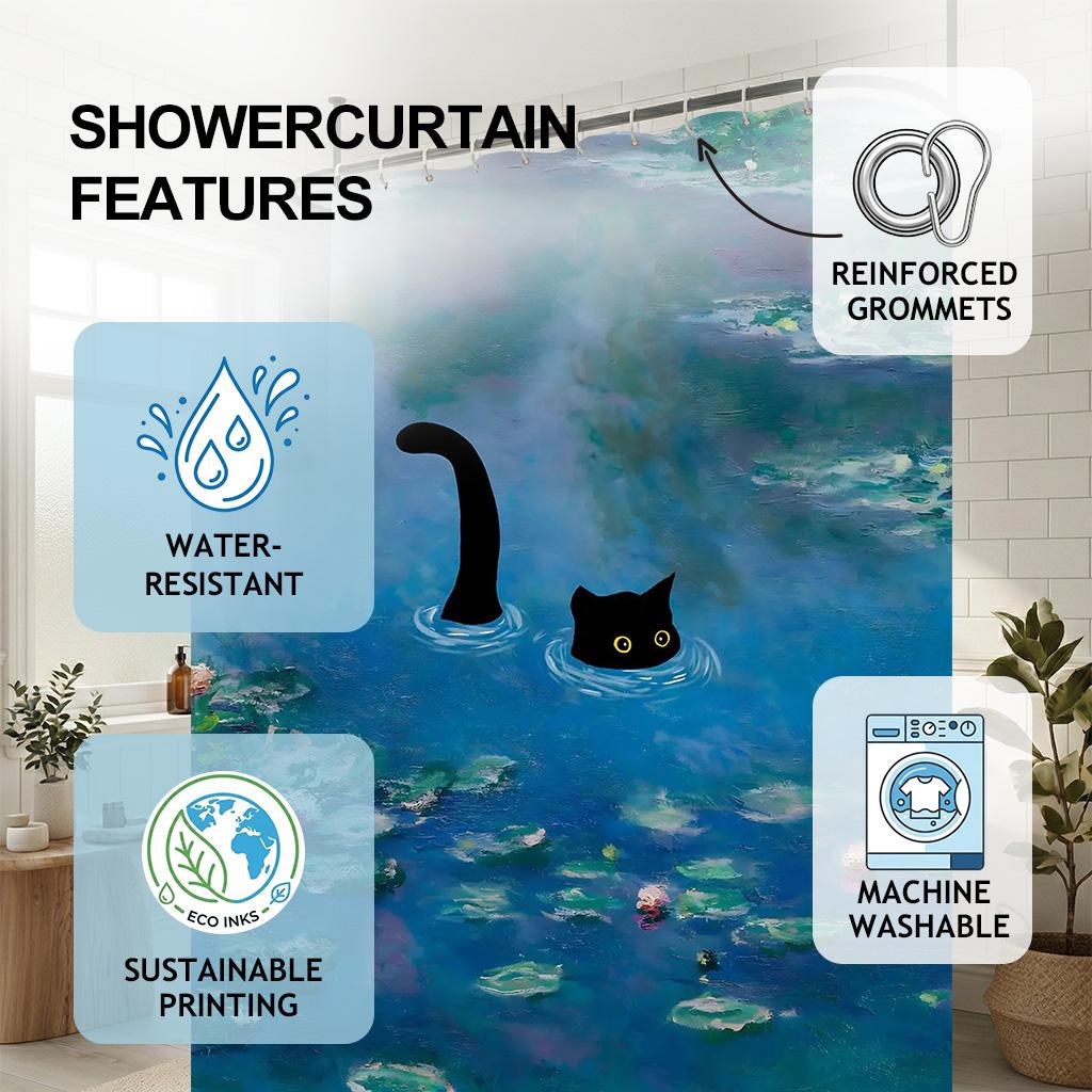 Impressionist Black Cat Water Lily Shower Curtain - Creative Monet Style Art - Indoor Home Bathroom Decor Artistic Bath Curtain