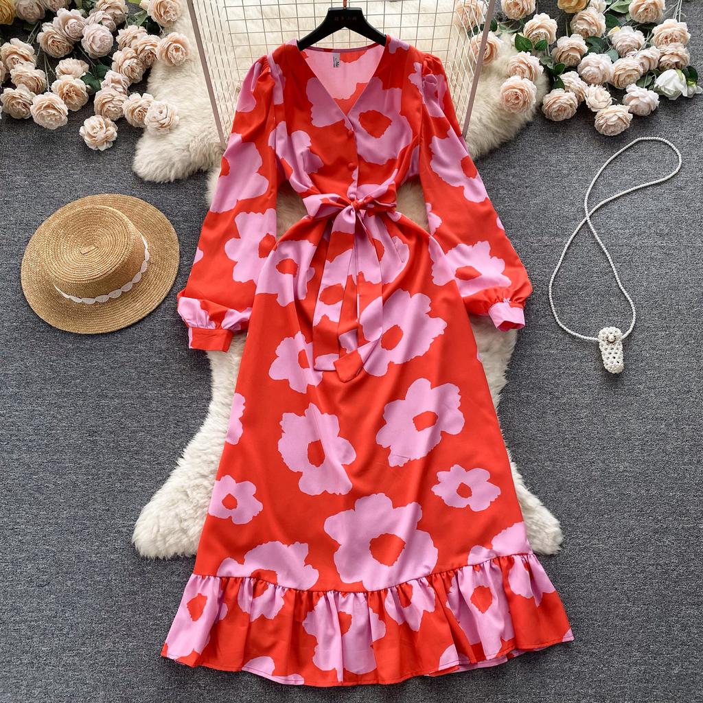 Fashion Flower Print Γυναικείο Φόρεμα Φθινοπωρινό Κομψό Vintage Επίδεσμος Μακρύ μάξι Φόρεμα με βολάν πάρτι Vestidos