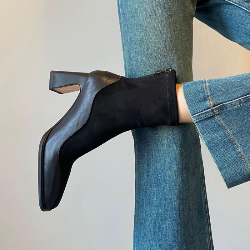 Fashion Square Toe High Heel Booties Women's Vintage Suede Paneled Autumn Winter Block Heel Stretch Skinny Boots