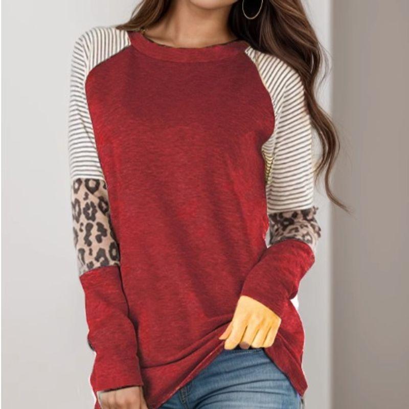 Cross-Border Fashion Autumn New round Neck Stripes Leopard Print Print Contrast Color Raglan Sleeve Long Sleeves T-shirt Women's Fashion All-Matching