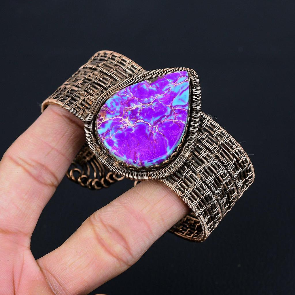 Pierre précieuse de sédiments de mer violets, fil de cuivre pur enveloppé, manchette/bracelet fait à la main, bijoux réglables