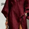 Slimming Loose Dress Women's Cotton Linen Maxi Dress V Neck Batwing Sleeve Sweat-absorbent High Split Casual Beach Sundress with Pockets Vacation