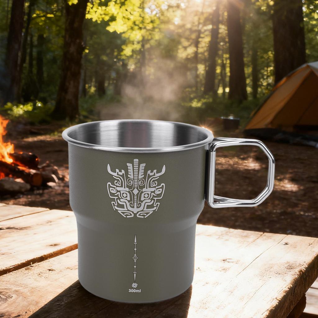 300ml Camping Water Cup Stainless Steel Mountainhiker Camping Cups with Foldable Handle Stackable Travel Cutlery Picnic Utensils