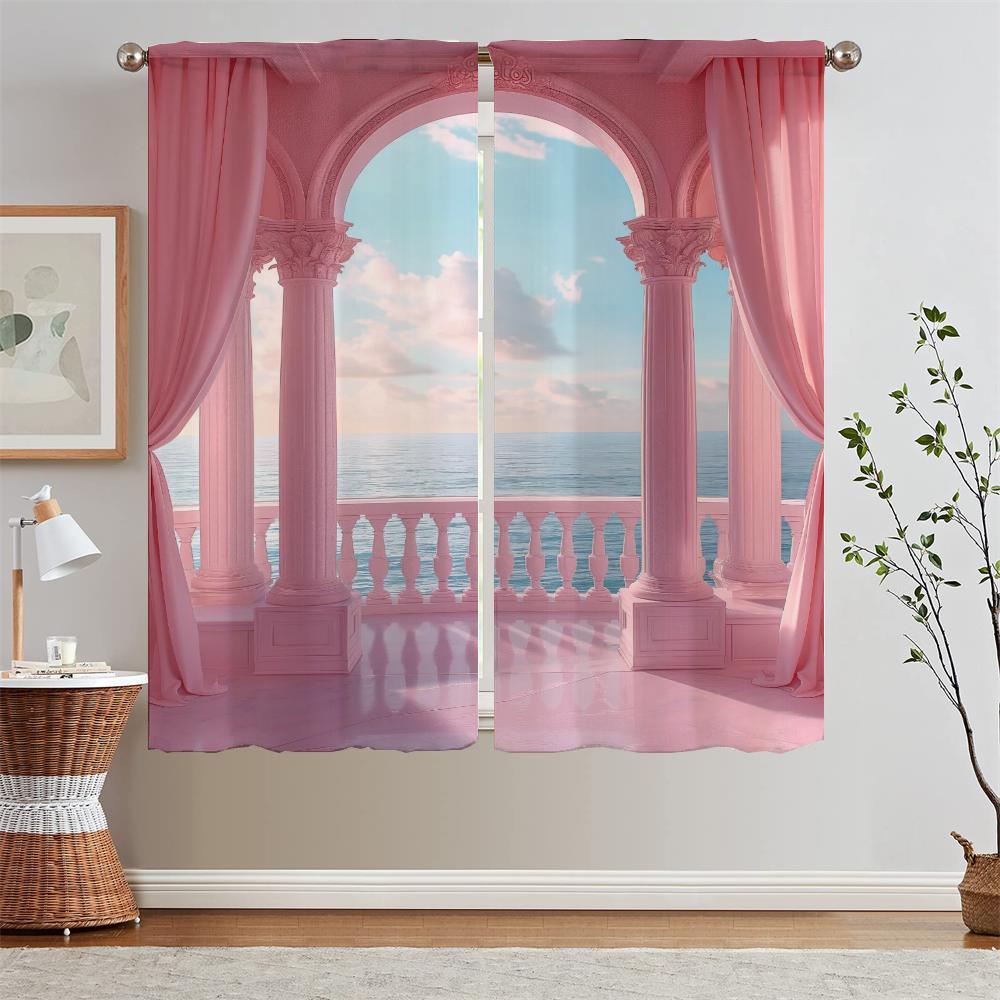 

Розовый вид на море балкон молодежная комната шторы для гостиной теневые подхваты для штор спальня затемняющие шторы 2 шт комплект щупальца W50xH70cmx2pcs-CL
