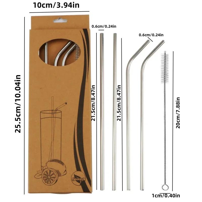 1set Stainless Steel  Straws with Brush - Set of 5 - Reusable and Washable,Perfect for Smoothies Milkshakes Tea Juice