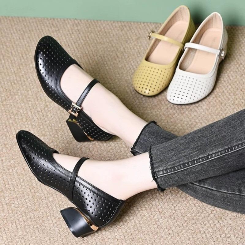 Printemps bouche peu profonde creux Mary Jane boucle ceinture un mot polyvalent confortable talon épais rétro chaussures simples semelle souple chaussures à trous