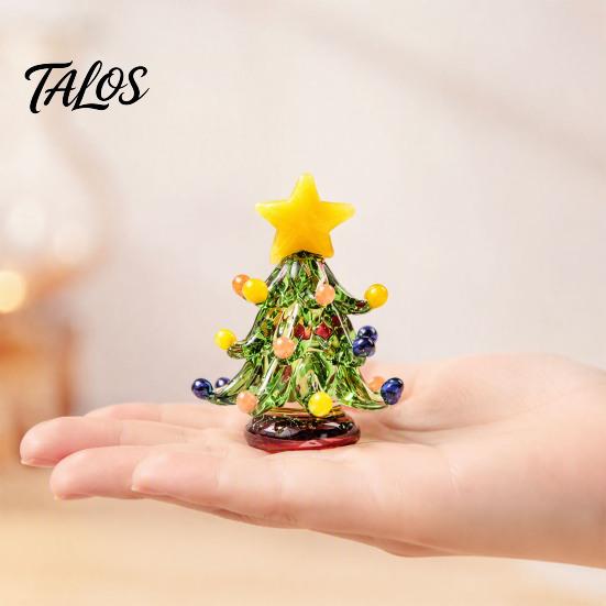 Rotating Interactive Christmas Decor Glass Tree Figurine with Ceramic Base, Handmade Glazed Miniature Holiday Table Centerpiece Ornament for