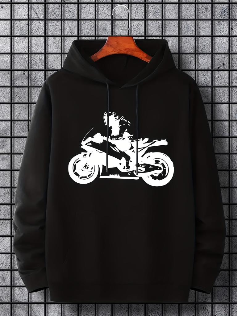 Cool Motorbike Racing Silhouette Men Hip Hop Athletic Hoodie, Motorcycle Rider Outline Graphic On Chest, Soft Daily Sports Top