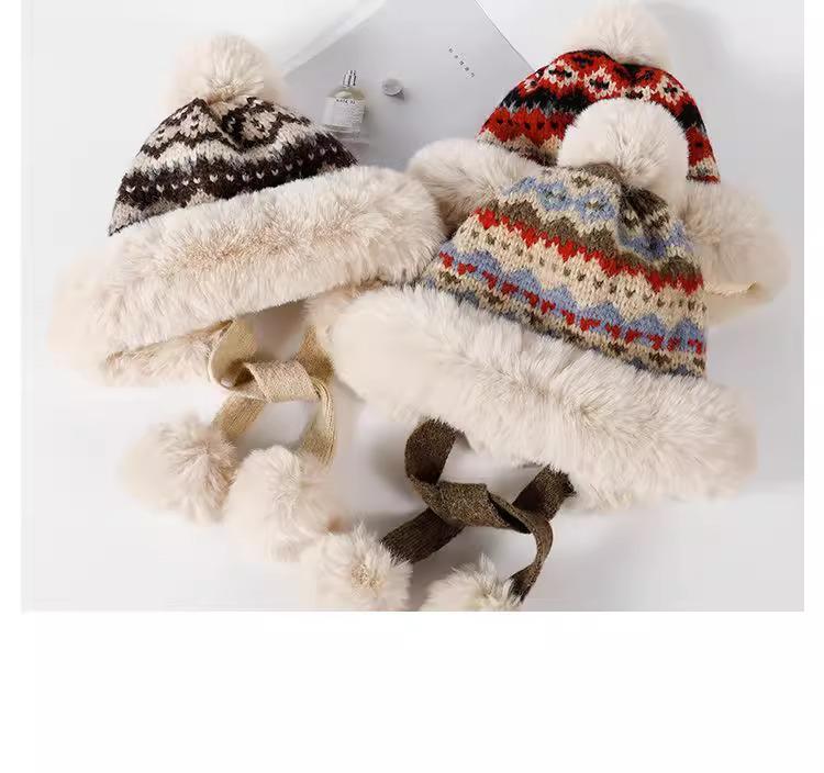 Women's Retro Ethnic Style Plush Knitted Hat – Warm, Thick, and Cold-Proof with Sweet Pompom and Ear Protection for Autumn & Winter