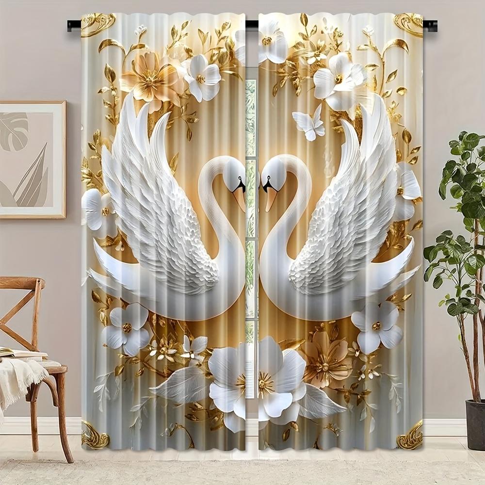 

Художественные Элегантные Шторы с Цветочным Принтом Лебедь Белый Золотой Полиэстер Гостиная Спальня Кабинет Домашний Декор Набор Из 2 Штук W100*H70(CM)-Grommet top&2PCS
