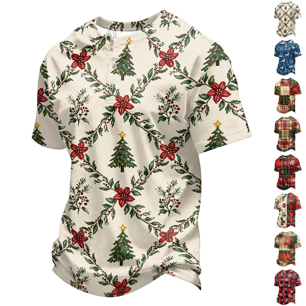Men's Quick-Dry Neck Short Sleeve T-Shirt with Christmas Print