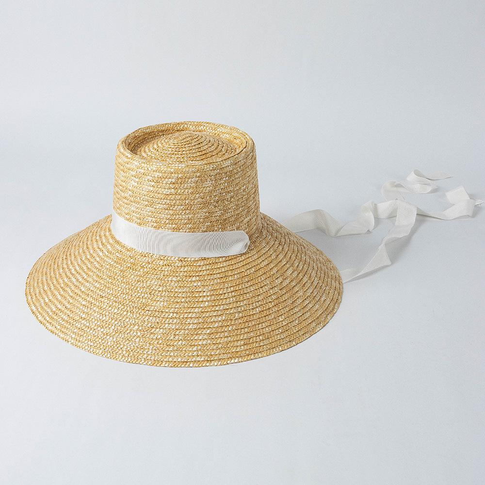 European and American spring and summer new fashionable retro ring top big brim basin type straw straw hat with strap outdoor sunscreen