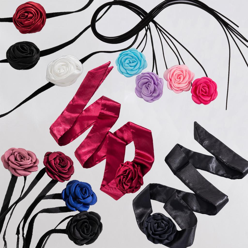 Pastoral Satin Flower Choker Necklace Women, Simple Flannel Ribbon DIY Collar Jewelry