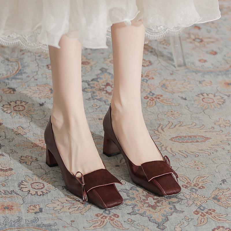 6368-8 Autumn and Winter New Leather Horsehair Thick Heel Single Shoes French Retro Burgundy Wedding Shoes Temperament Square Head High Heels