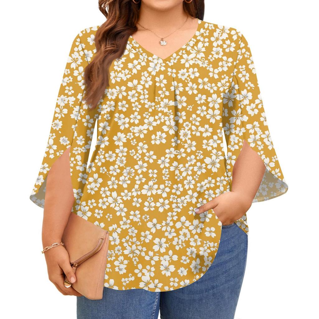 Women's Prined V-neck Plus Size Tops 3/4 Sleeves Elegant Shirt Tops