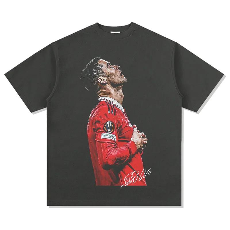 Cristiano Ronaldo Manchester United Ikonische Jubel-Pose Vintage-Porträt Übergroßes T-Shirt, Fußballlegende Grafik-T-Shirt, Unisex Freizeit-Oberteil