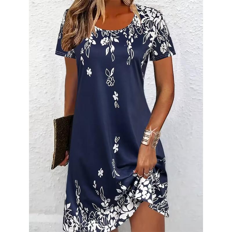 Rochie A-line florală boemă pentru femei, cu imprimeu 3D și mânecă scurtă, model vibrant multicolor de flori, îmbrăcăminte feminină, rochie casual