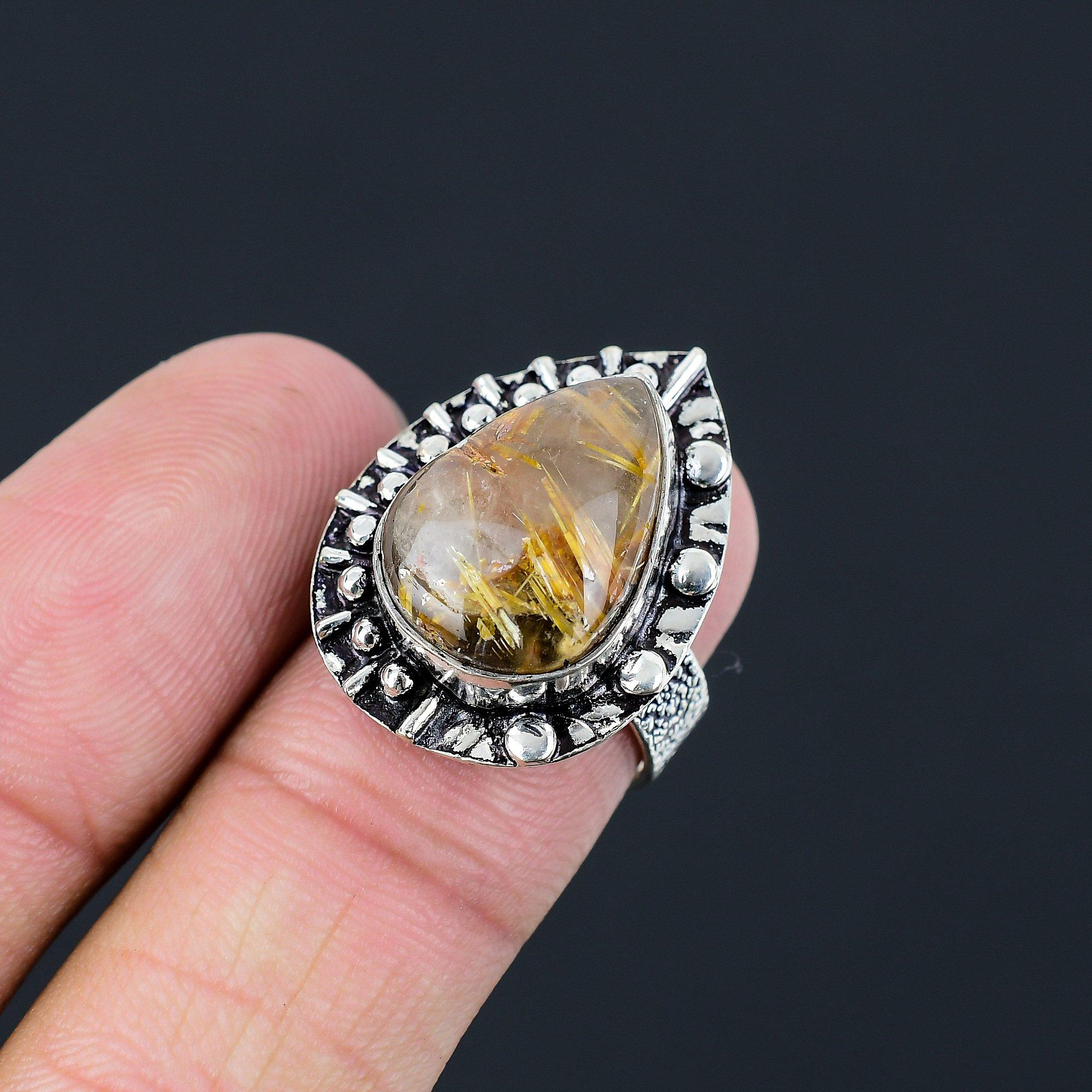 

Halloween Sale 925 Silver Natural Golden Rutile Multi Stone Ring Jewelry Size 7 7