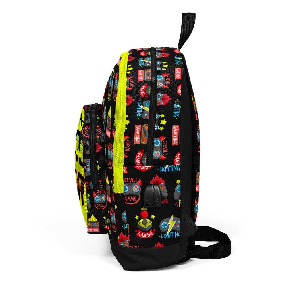 coral high Rucsac școlar pentru copii, negru, galben neon, cu model Game Over, cu patru compartimente și USB, 23828