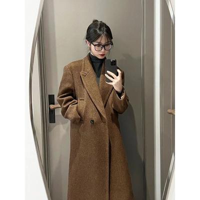 Coffee Colored Herringbone Patterned Woolen Coat Women Autumn Winter Loose Jacket