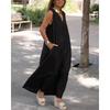 Women's Spring Summer Cotton Linen Maxi Dress, Deep V Neck Sleeveless Plus Size Loose Casual Long Dress with Pockets