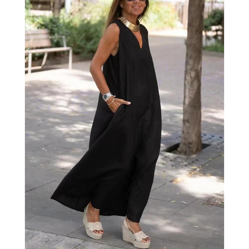 Women's Spring Summer Cotton Linen Maxi Dress, Deep V Neck Sleeveless Plus Size Loose Casual Long Dress with Pockets