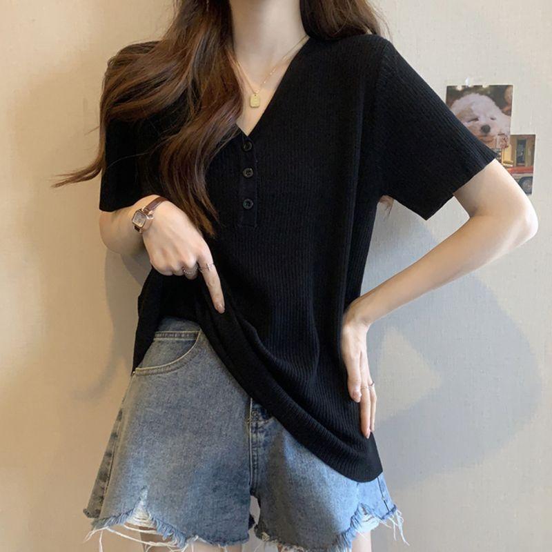 Women V Neck Button Ribbed Knit Short Sleeve Loose Fit T Shirt S