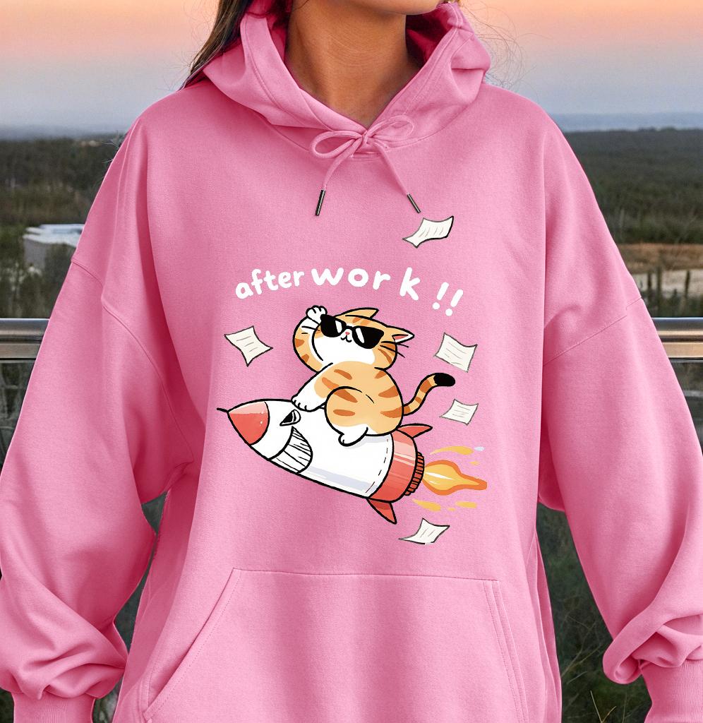 Creative After Work Rocket Cat Design Unisex Hoody Cartoons Creativity Clothing Warm  Soft Sportswear Crewneck  Basic Clothes