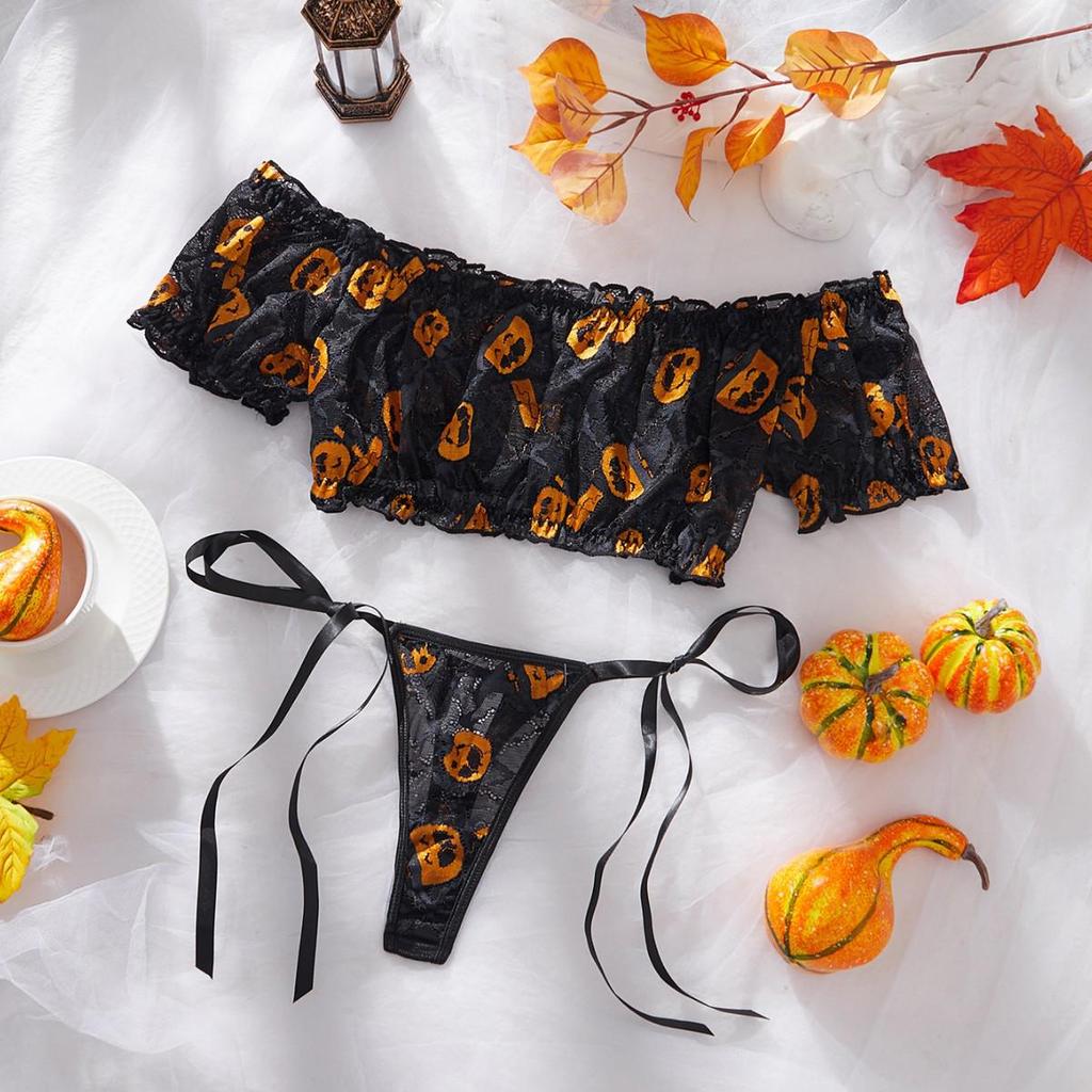 European-American Sexy Pumpkin Print Off-Shoulder Lingerie Set - Halloween Role Play Top & Tie-Up Thong