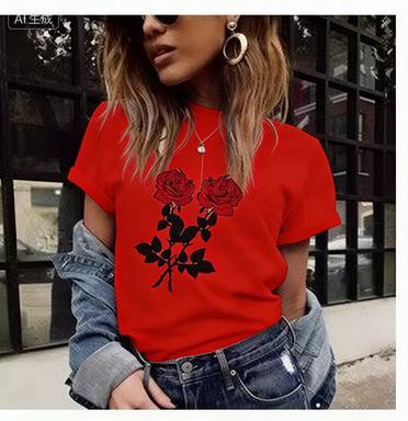 Crew Neck Short Sleeve Red Rose Print T Shirt Women's Outfits Casual Streetwear Fashion Lady Loose Clothing Woman T-shirts Tops