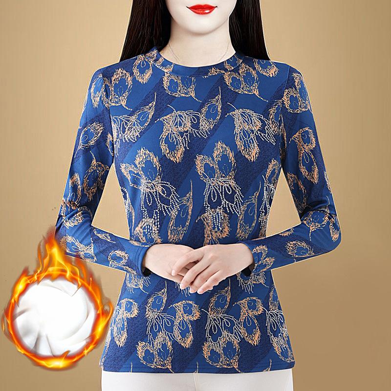Winter Thickened Integrated Velvet Base Shirt for Women with Slim Fit Inner Warm T-shirt Fashionable and Fashionable Mother Printed Top