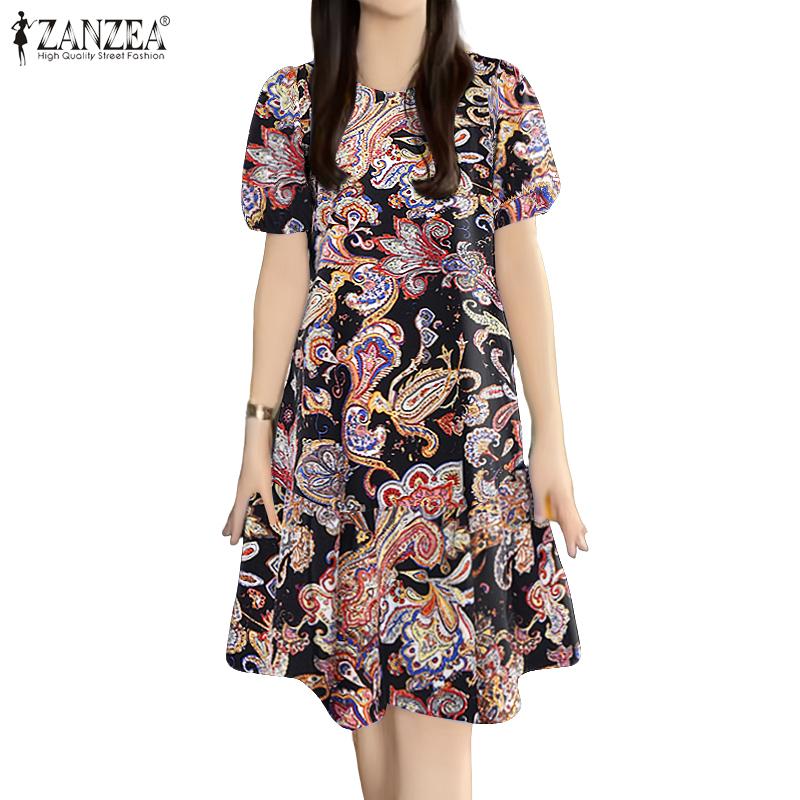 ZANZEA Women Casual Round Neck Short Sleeve Ethnic Print Loose Dress