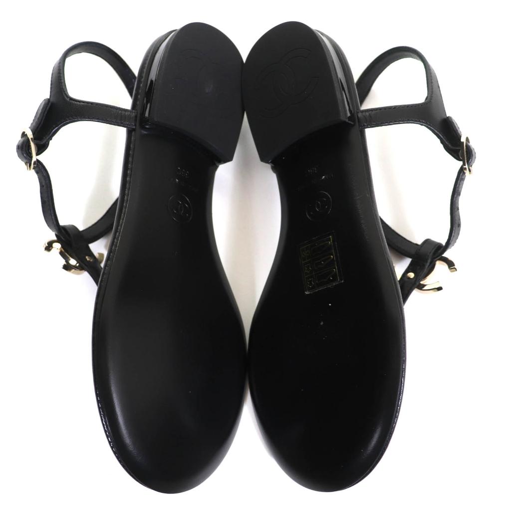 CHANEL Sandals COCO Mark ankle strap thong sandal flats black leather 24C G45428 Used