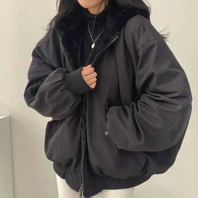 Winter Thicken Women Jackets Casual Loose Zipper Warm Fleece Hooded Parkas Woen Double-Layer Simple Plush Coats