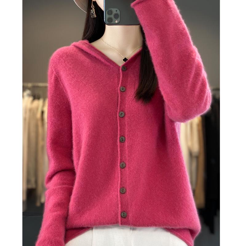 

Женский бесшовный кардиган с капюшоном из чистой шерсти - Легкий вязаный свитер свободного кроя Large