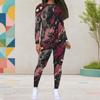 Women Plus Size Black Burgundy Printed Two Piece Set Round Neck Long Sleeve Top And Fitted Pants