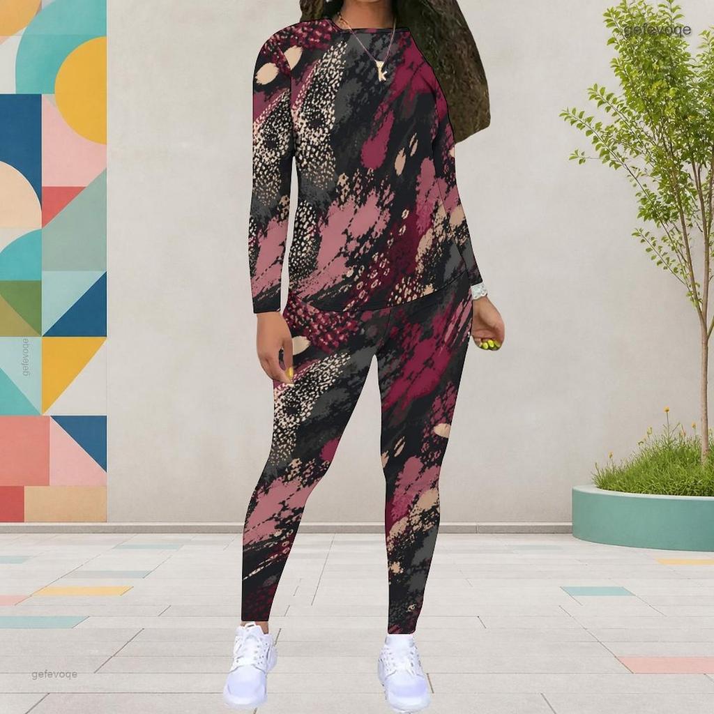 Women Plus Size Black Burgundy Printed Two Piece Set Round Neck Long Sleeve Top And Fitted Pants