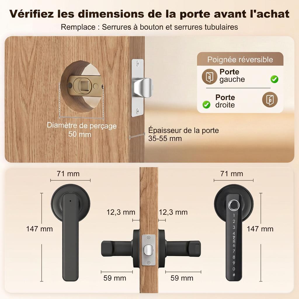 Smart Door Lock with Handle, Bluetooth, 5 Access Points
