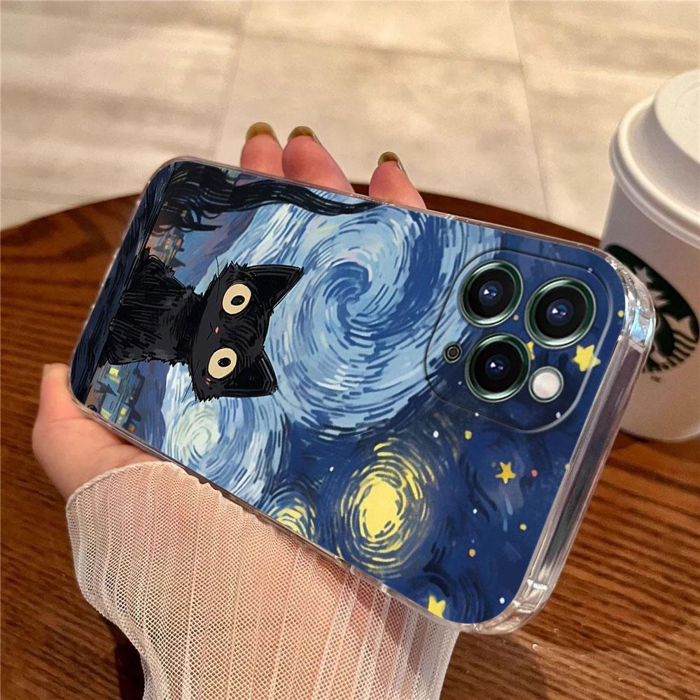 Retro Oil Painting Starry Sky Cat Case For Apple iPhone 17 16 15 14 13 12 11 Pro Max 16 Plus 16E 17Air 17Pro Phone Cover Funda