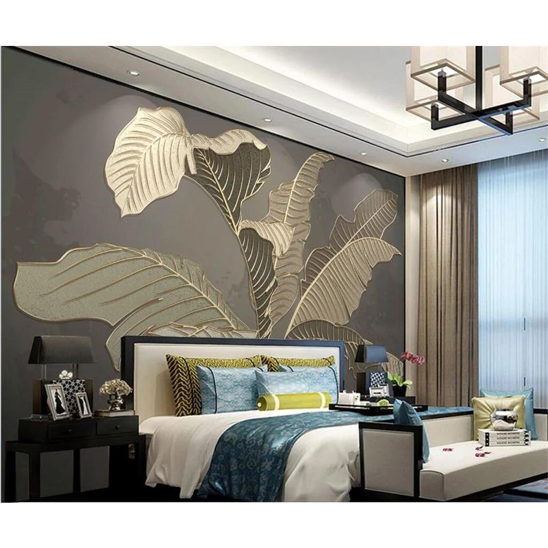 Fototapete Frunze De Banan Tapet Mural Verde Lumină De Lux, Linii De Relief Auriu Tapet Dormitor Restaurant Fototapet