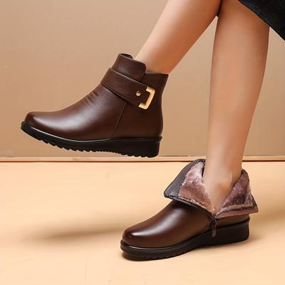Winter Leder Runde Zehen Seitlicher Reißverschluss Komfort Damen Stiefeletten Damen Dicker Plüsch Warme Schneestiefel Mutter Schuhe