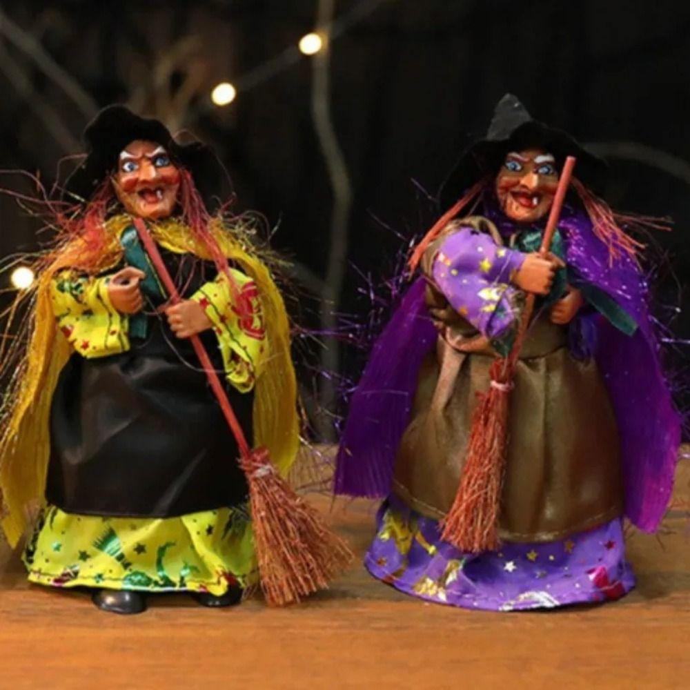 Kreativa kvast häxstatyer Retro tyg Halloween häxdekoration Roliga realistiska häxfigurer