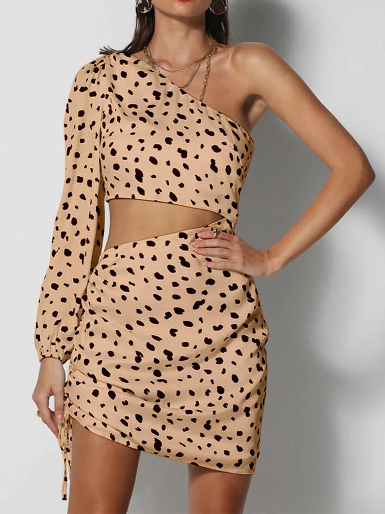 Hottie Sexy Slanted Shoulder Single Sleeve Leopard Print Waist Hollow Fashion Hip Dress