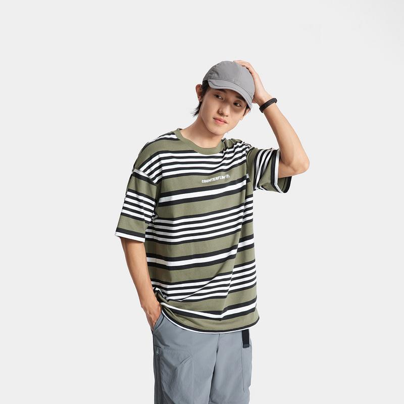 Li Ning CF Striped Comfort Temperature Control Antibacterial Short Sleeve T-Shirt Men Tops Tea-Green ATSV181-1